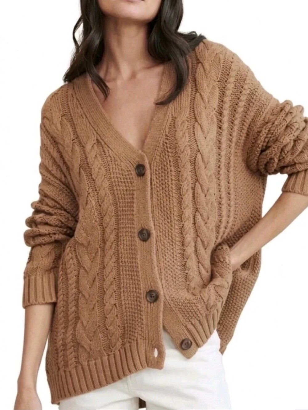 Jenni Kayne Chunky Cotton Cableknit Cardigan Sweater S Brown